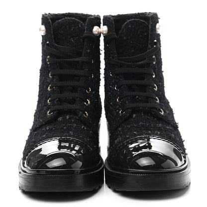 Chanel Tweed Patent Calfskin Pearl Combat Short Boots 38.5 Black Grey 2 of 9