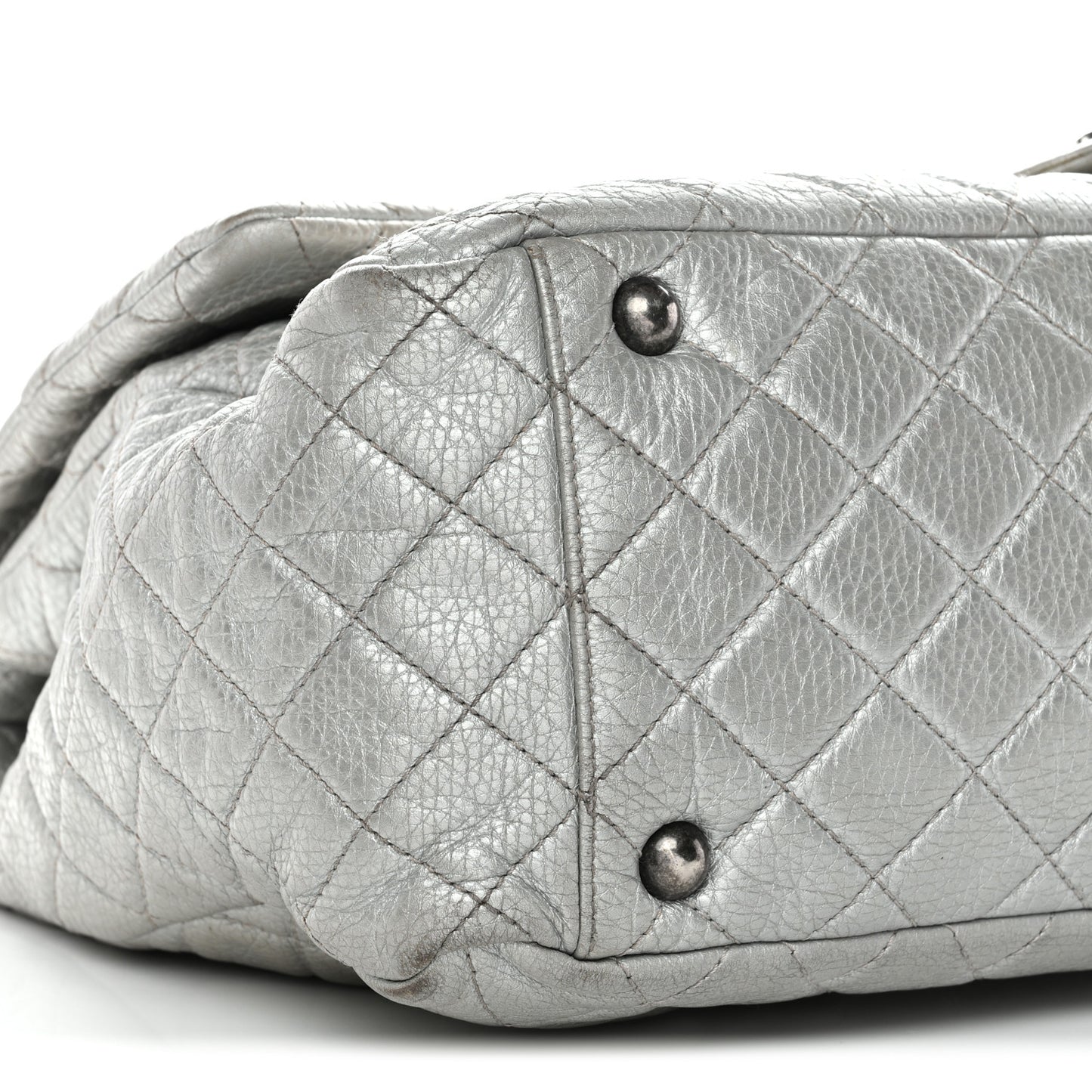 Metallic Calfskin Quilted XXL Travel Flap Bag Silver
