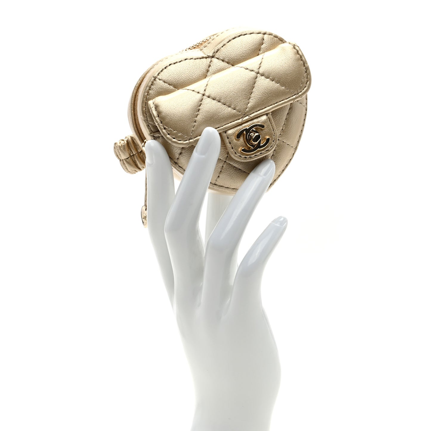 Metallic Lambskin Quilted CC In Love Heart Zipped Arm Coin Purse Gold