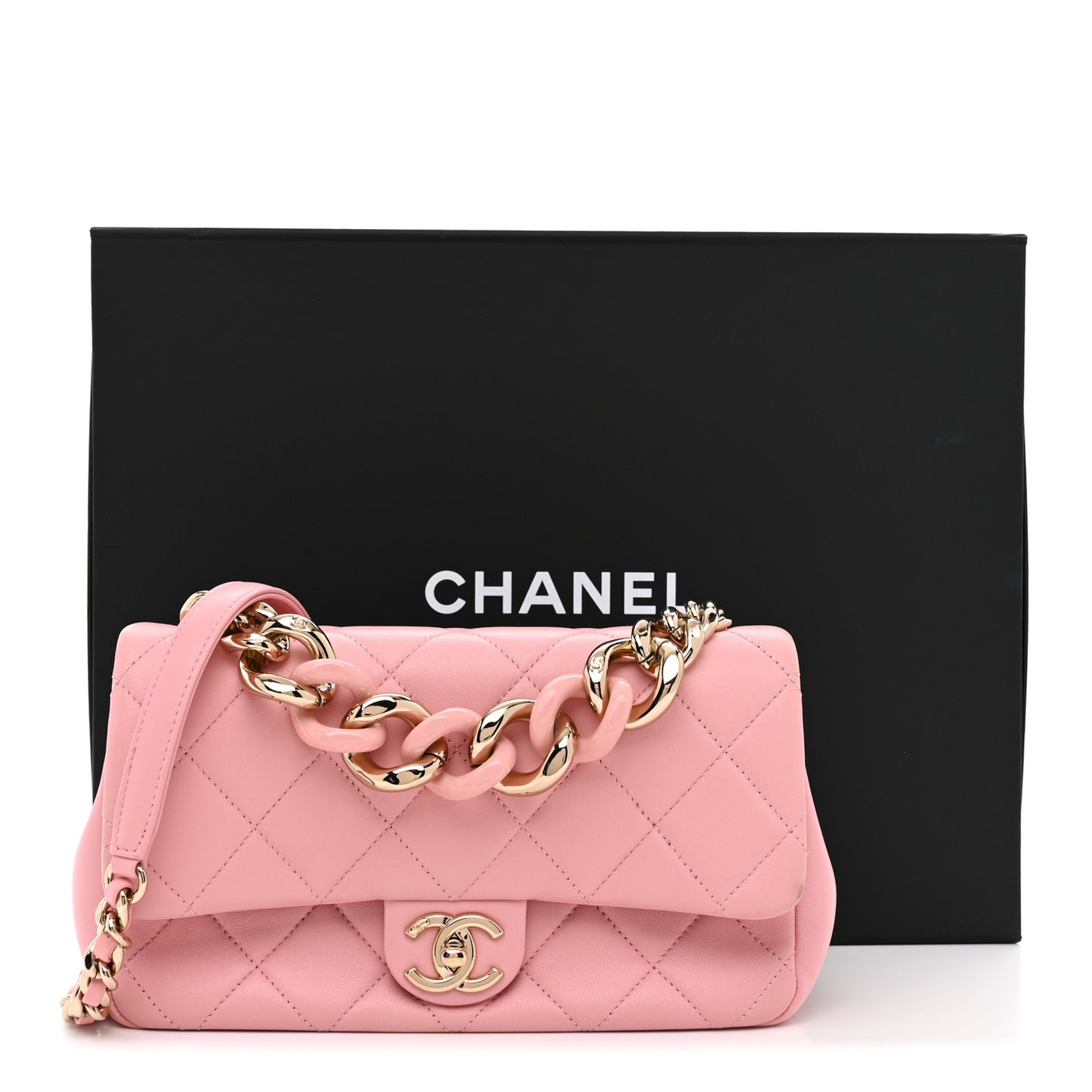 Lambskin Quilted Resin Bi-Color Chain Flap Bag Pink