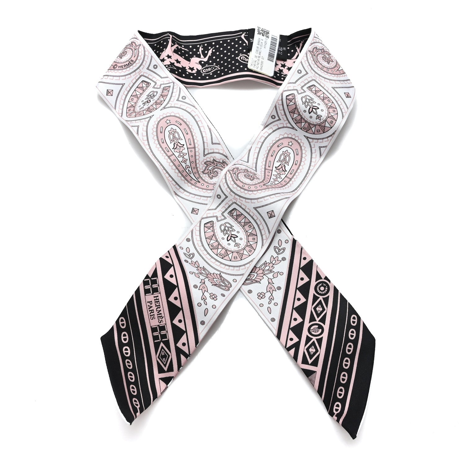 Hermes Silk Cheval De Coeur Bandana Twilly Black White Vieux Rose 1 of 4