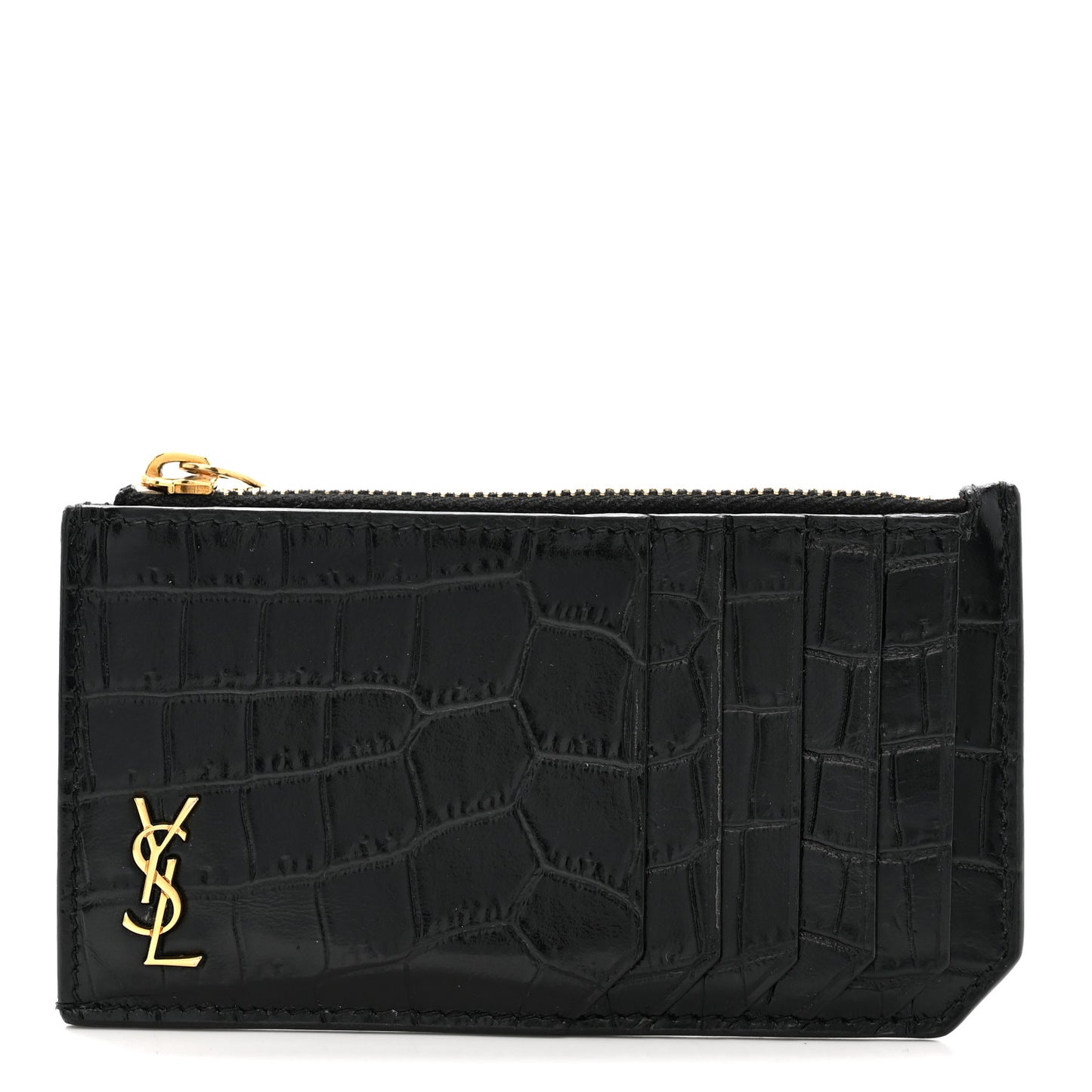 Calfskin Crocodile Embossed 5 Fragments Zip Pouch Card Holder Black