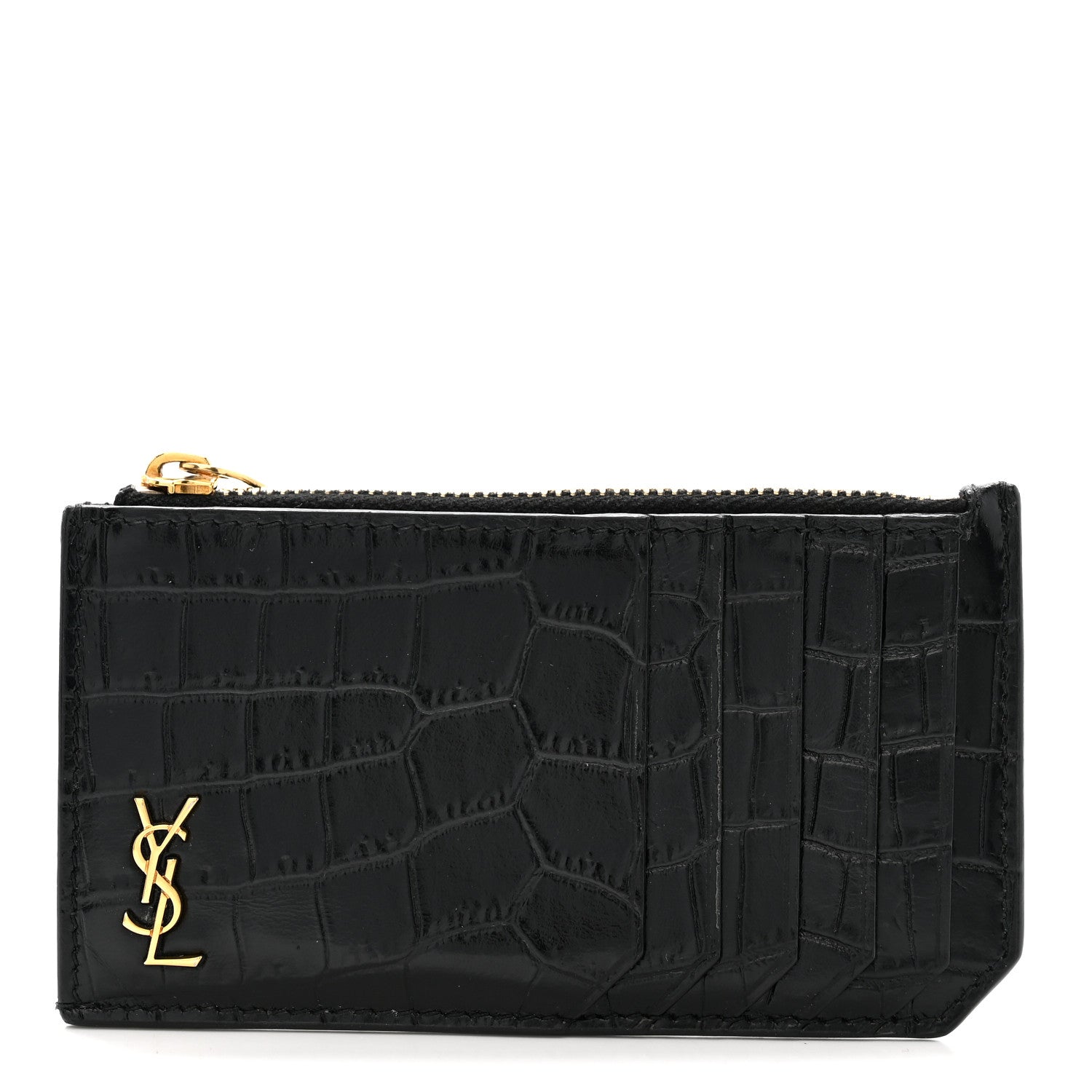 Saint Laurent Calfskin Crocodile Embossed 5 Fragments Zip Pouch Card Holder Black 1 of 7