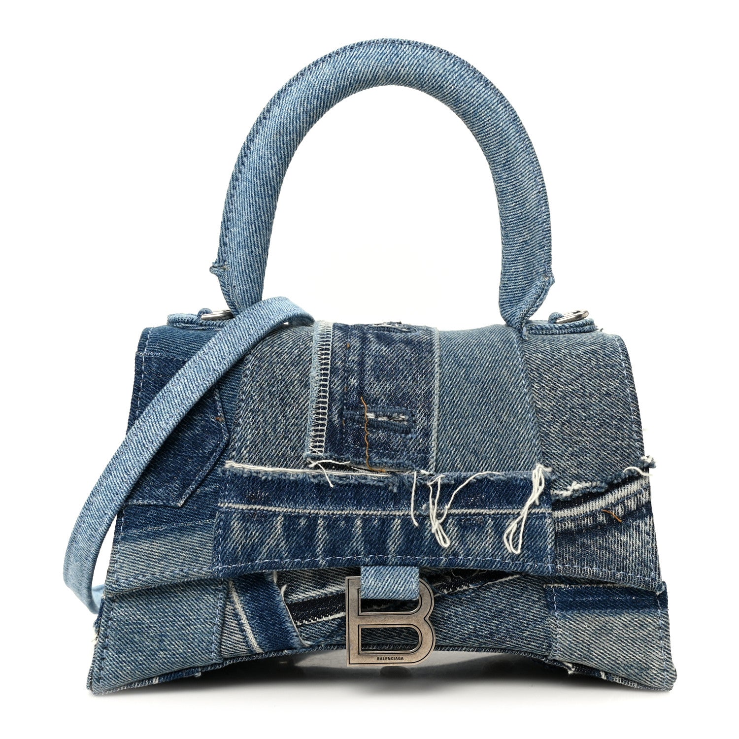 Balenciaga Denim Patchwork Small Hourglass Top Handle Bag Washed Blue 1 of 12