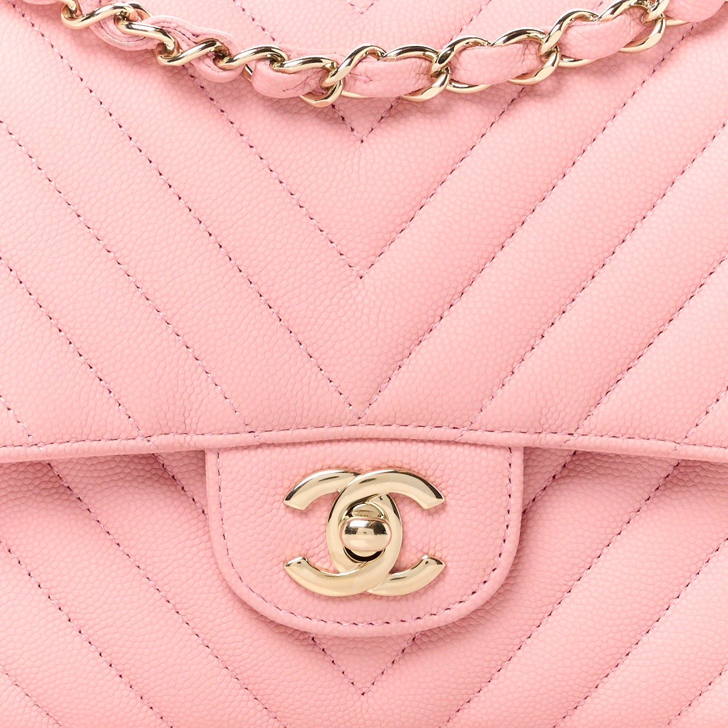 Caviar Flat Chevron Quilted Medium Double Flap Pink