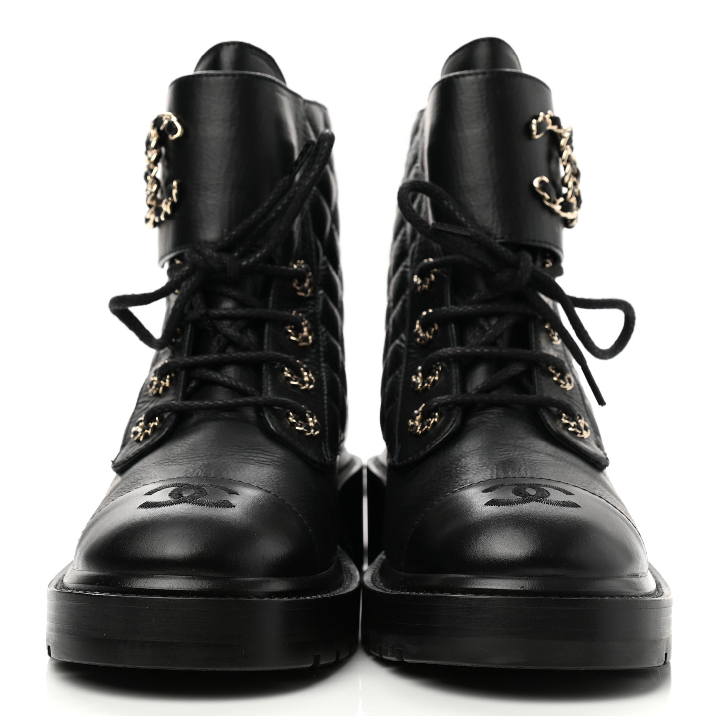 Shiny Lambskin Quilted Lace Up Combat Boots 38.5 Black