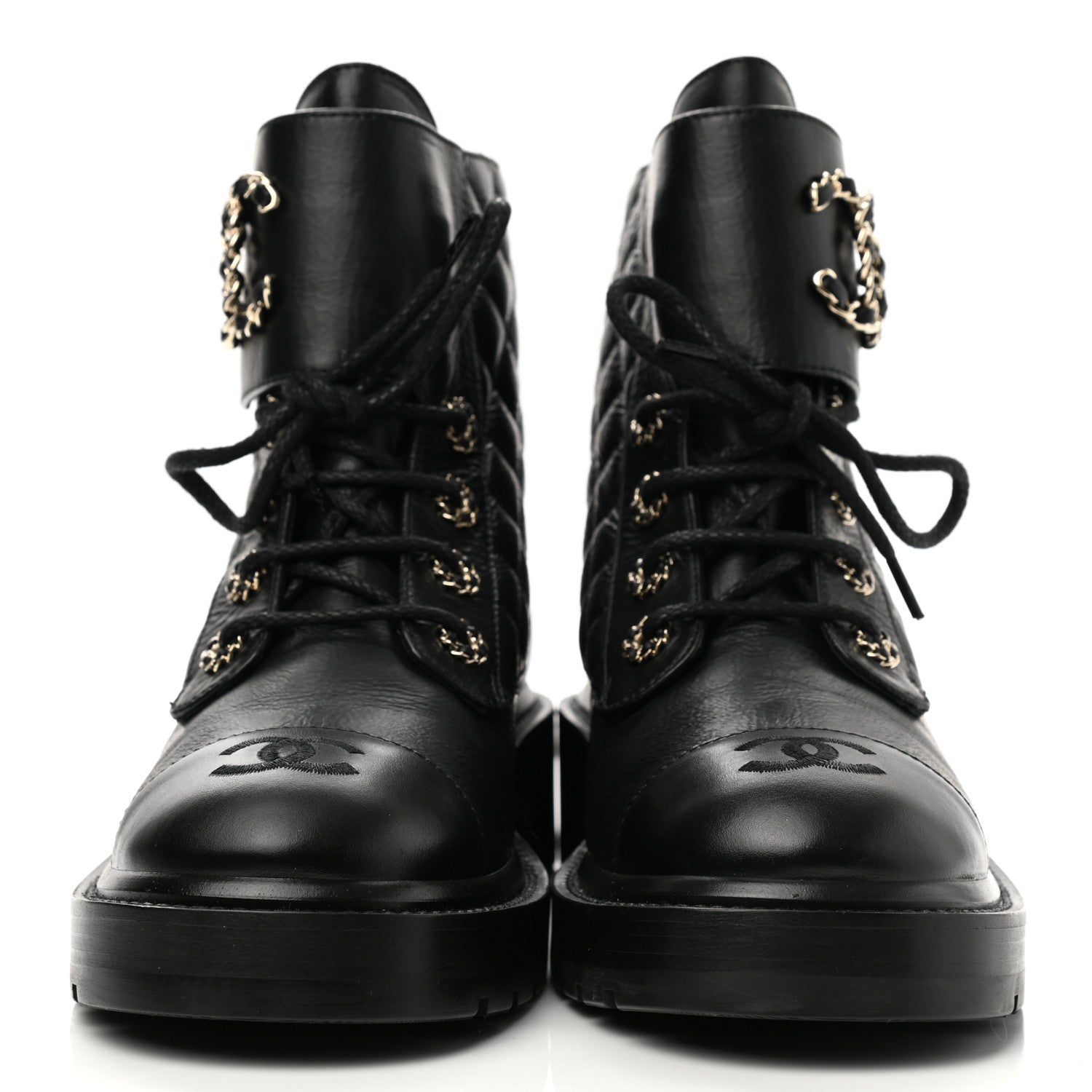 Chanel Shiny Lambskin Quilted Lace Up Combat Boots 38.5 Black 2 of 10