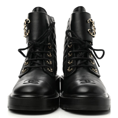 Chanel Shiny Lambskin Quilted Lace Up Combat Boots 38.5 Black 2 of 10
