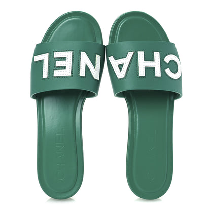 Chanel Calfskin Patent Calfskin Logo Mules 38 Green White 2 of 15