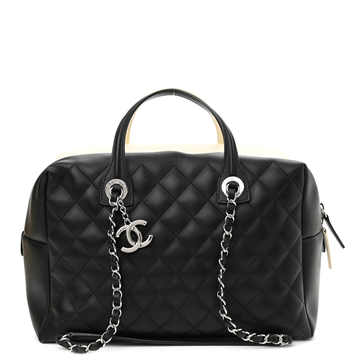 Calfskin Quilted Large Feather Weight Bowling Bag Black Ivory