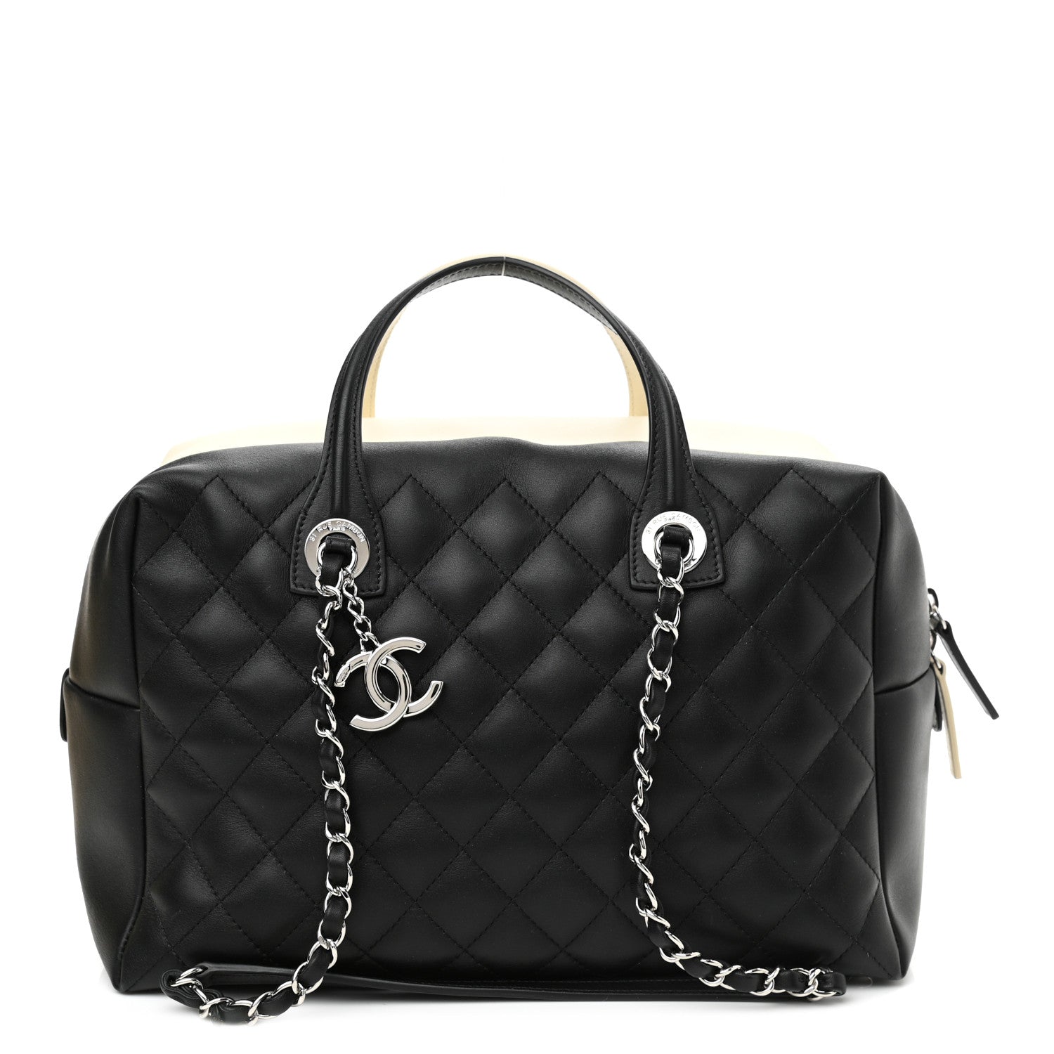 Chanel Calfskin Quilted Large Feather Weight Bowling Bag Black Ivory 1 of 10