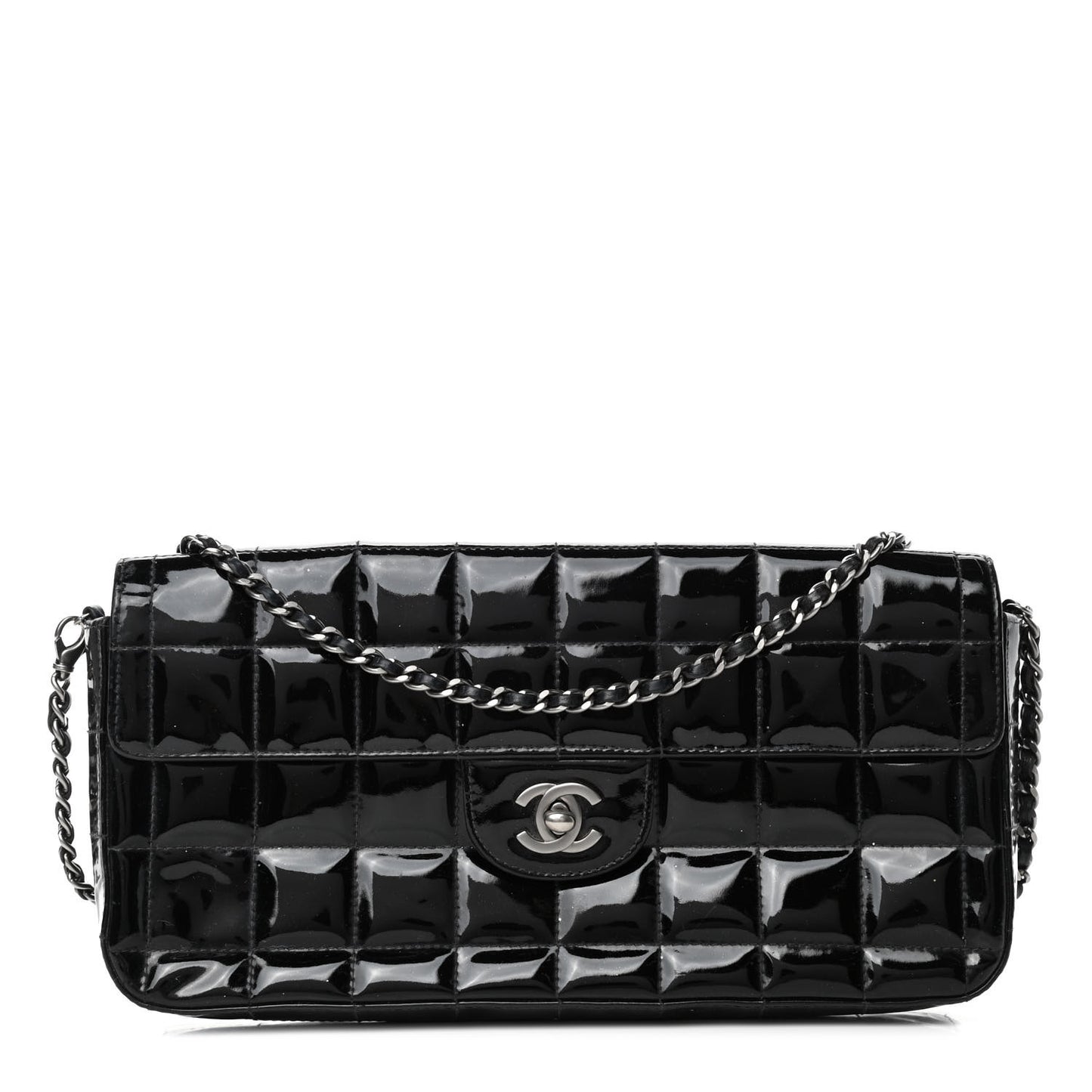 Patent Quilted East West Chocolate Bar Flap Black