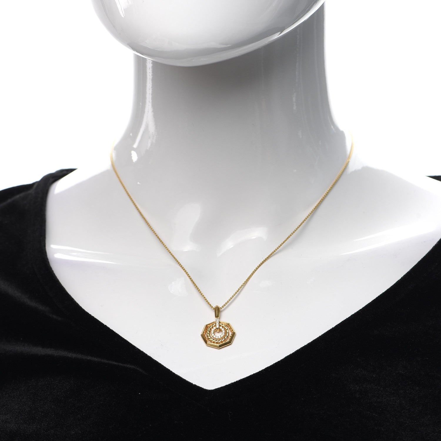 David Yurman 18K Yellow Gold Diamond 16mm Stax Pendant Necklace 2 of 5