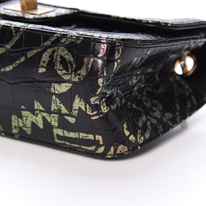 Chanel Calfskin Crocodile Embossed Graffiti 2.55 Mini Cocodile Reissue Flap Black Pink 9 of 10