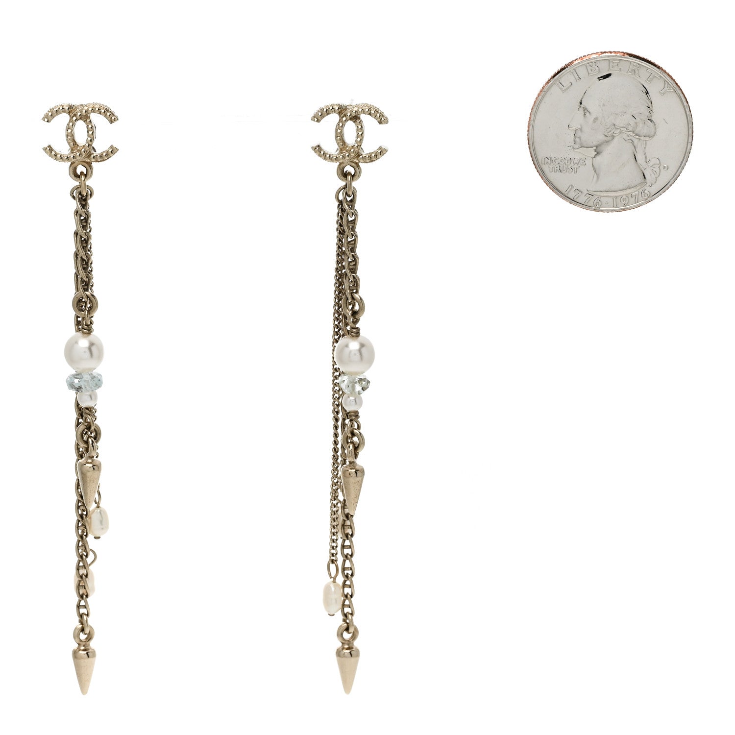 Chanel Chain Pearl CC Drop Earrings Light Gold 2 of 5