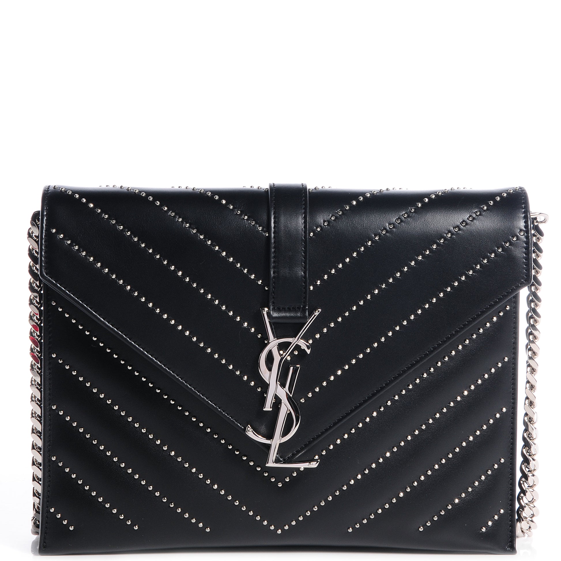 Saint Laurent Calfskin Monogramme Chevron Studded Shoulder Bag Black 1 of 8