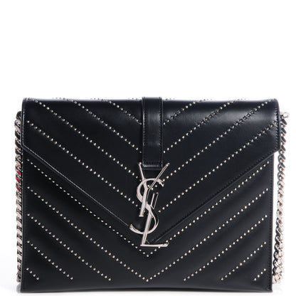 Saint Laurent Calfskin Monogramme Chevron Studded Shoulder Bag Black 1 of 8