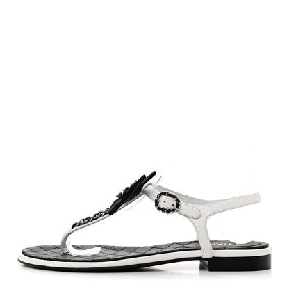 Chanel Lambskin Crystal Chain CC Logo Thong Sandals 37 White 1 of 8