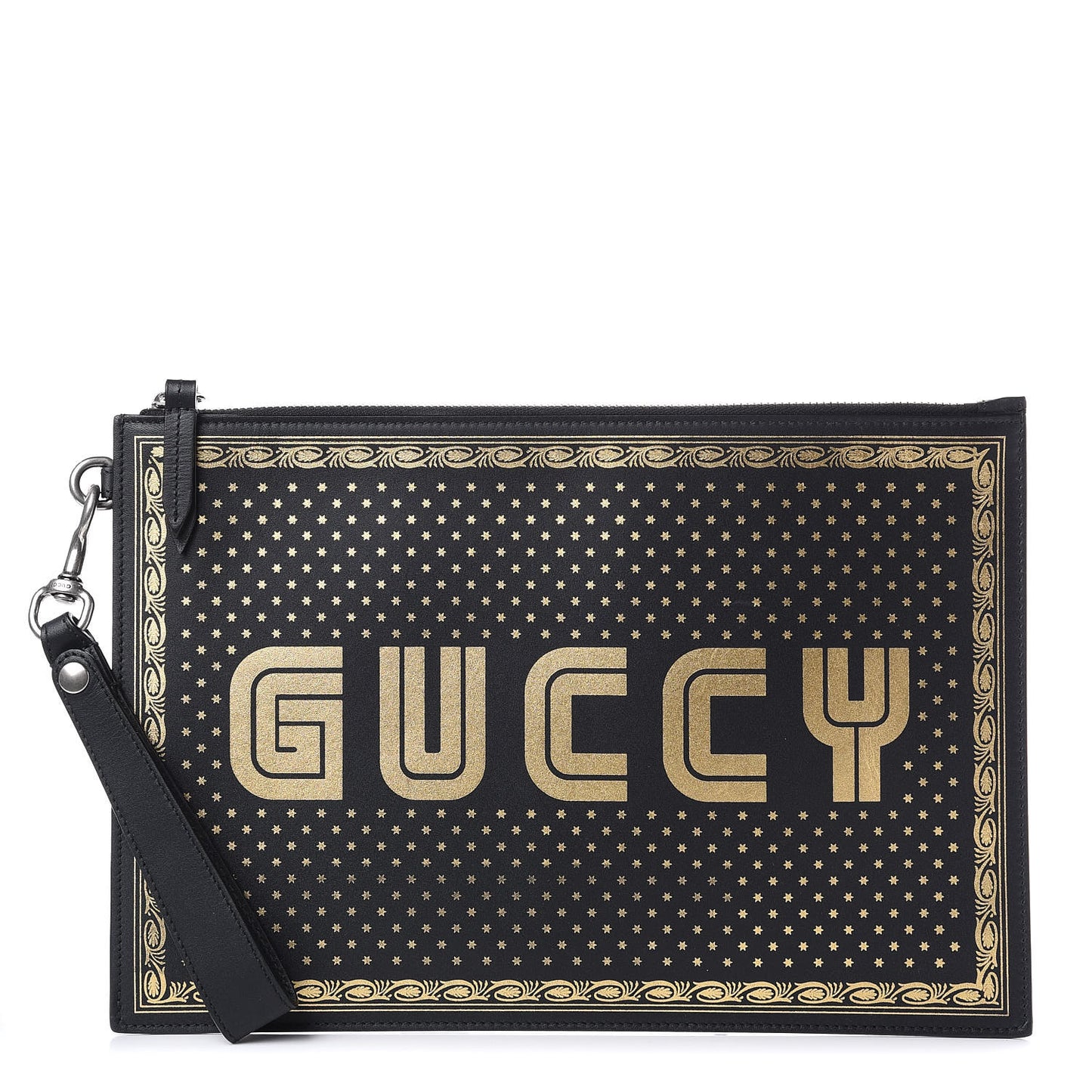 X SEGA Calfskin GUCCY Stars Zip Wristlet Pouch Black Gold