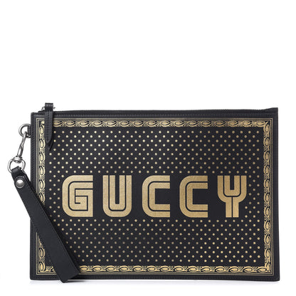 Gucci X SEGA Calfskin GUCCY Stars Zip Wristlet Pouch Black Gold 1 of 8