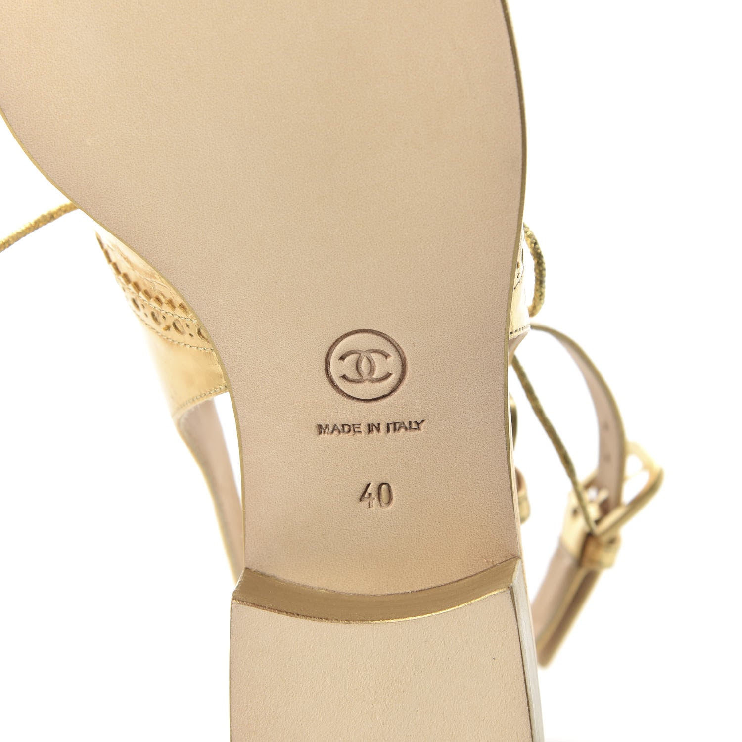 Chanel Metallic Calfskin CC Brogue Lace Up Ankle Strap Oxford Peep Toe Sandals 40 Gold 6 of 8
