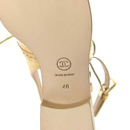 Chanel Metallic Calfskin CC Brogue Lace Up Ankle Strap Oxford Peep Toe Sandals 40 Gold 6 of 8