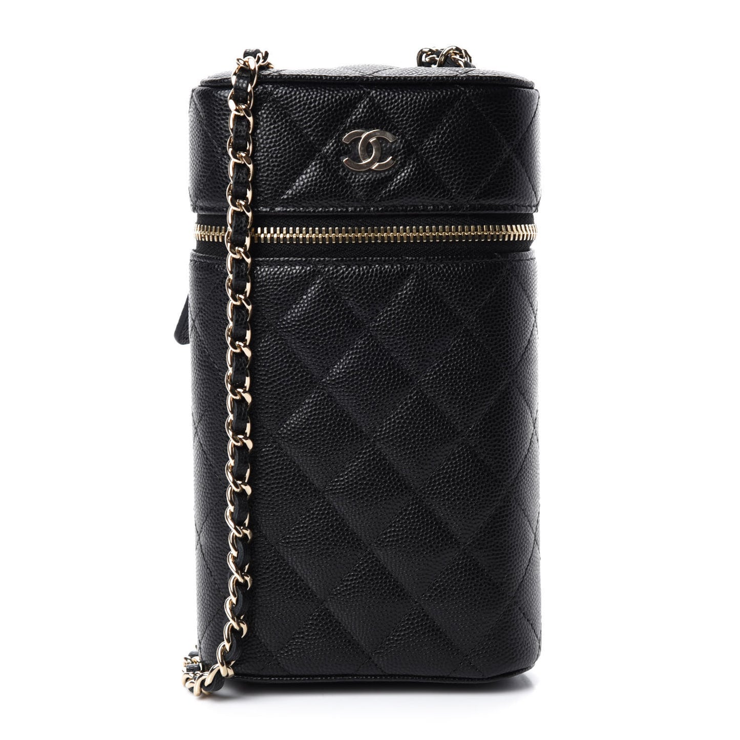 Caviar Quilted Phone Holder With Chain Black