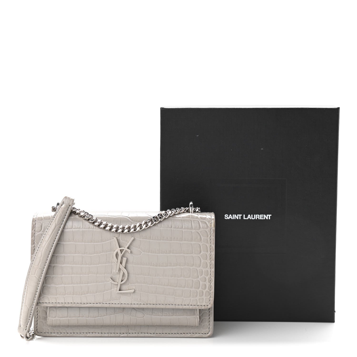 Saint Laurent Calfskin Crocodile Embossed Monogram Sunset Chain Wallet Light Grey 13 of 13