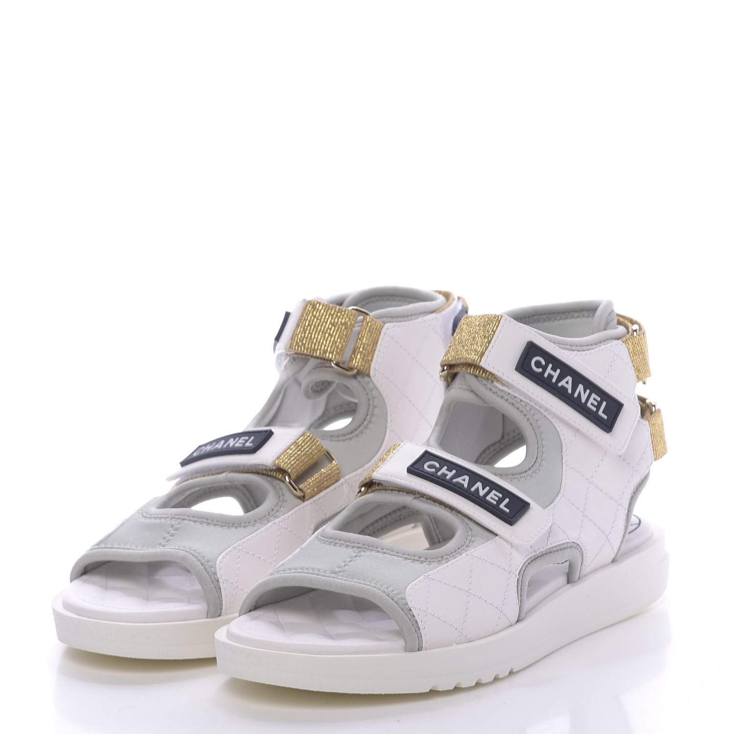 Chanel Goatskin Fabric Gladiator Sandals 37.5 White Light Grey Navy Blue 2 of 10