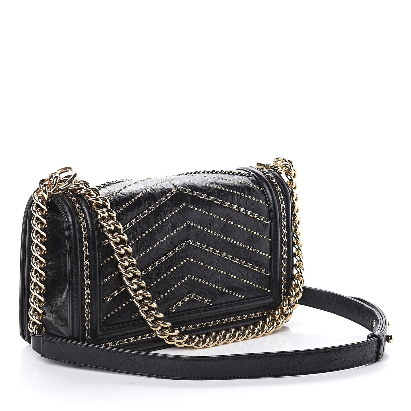 Crumpled Calfskin Chevron Chain Medium Boy Flap Black