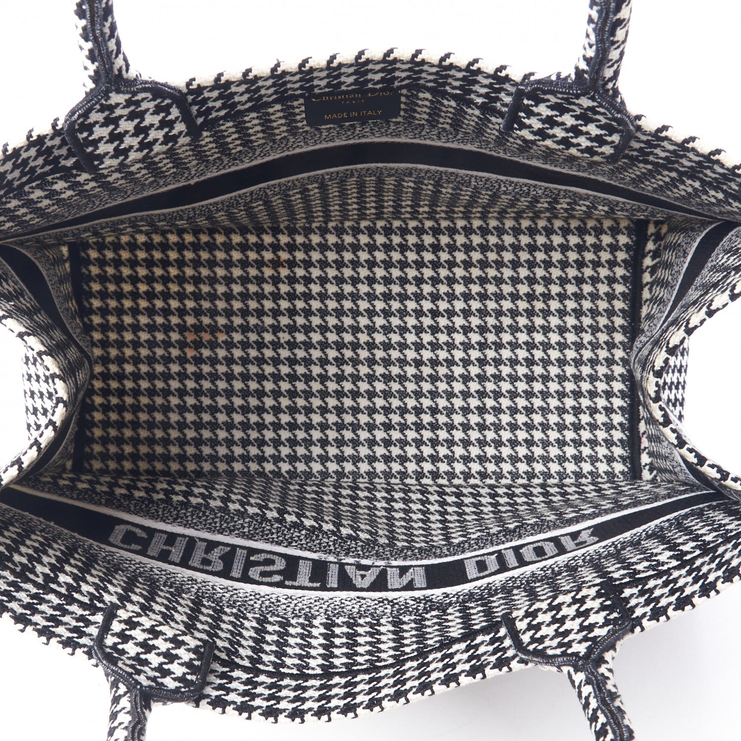 Christian Dior Canvas Houndstooth Embroidered Medium Book Tote Black White 7 of 9