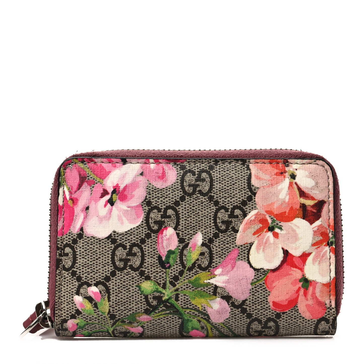 GG Supreme Monogram Blooms Zip Around Card Case Wallet Beige Multicolor Dry Rose