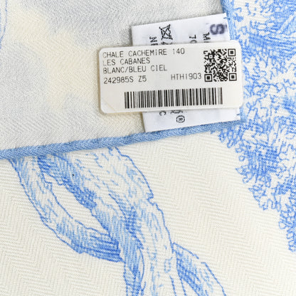 Hermes Cashmere Silk Les Cabanes Shawl 140 White Bleu Ciel 6 of 6