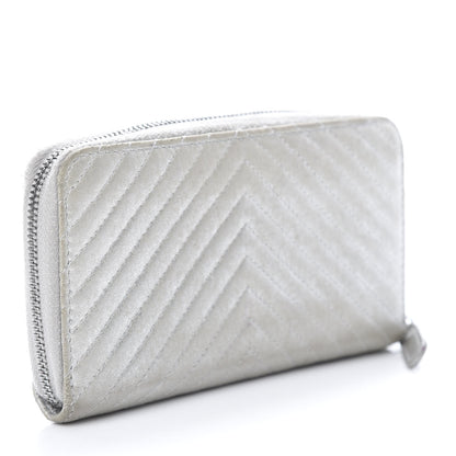 Chanel Metallic Lambskin Chevron Quilted Small Zip Around Wallet Silver 3 of 13