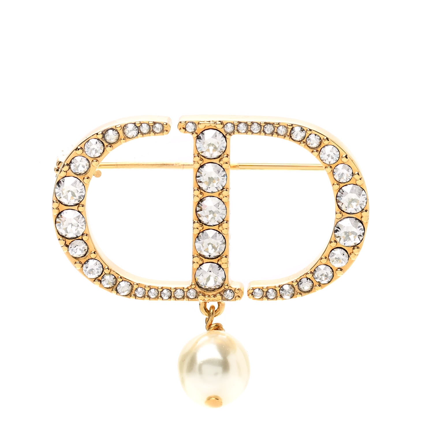 Christian Dior Crystal Pearl CD Logo Brooch Gold 1 of 4