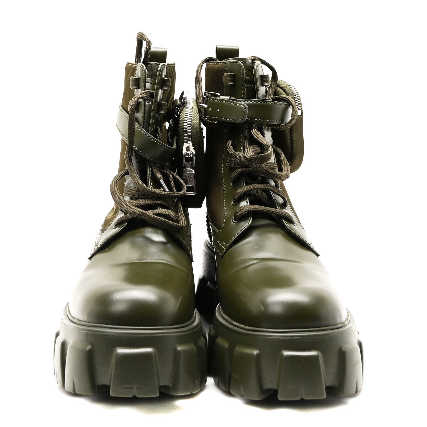 Prada Spazzolato Rois Re-Nylon Metal Triangle Logo Monolith Pouch Pocket 55mm Boots 41 Militare 3 of 8