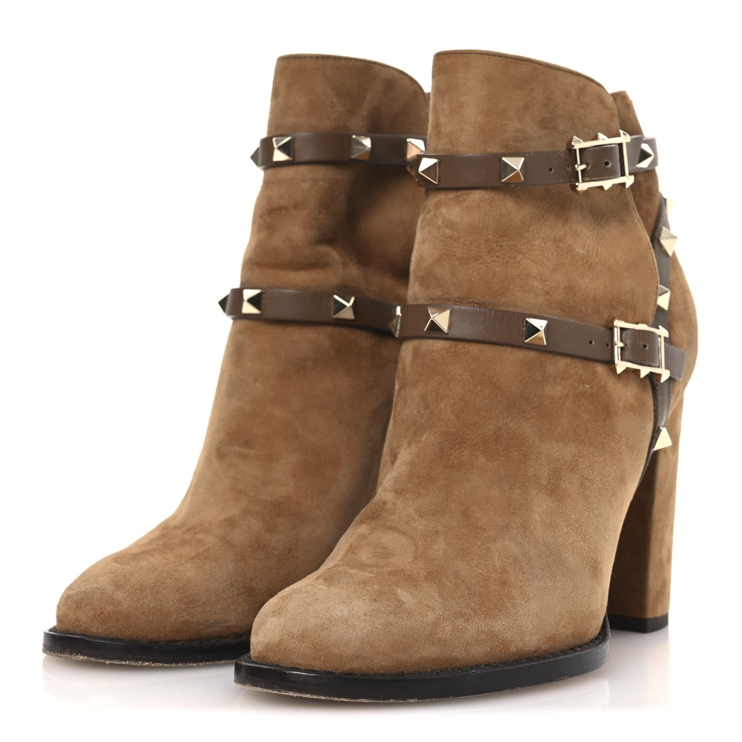 Suede Rockstud Double Buckle 100mm Block Heel Ankle Boots 36.5 Nocciola