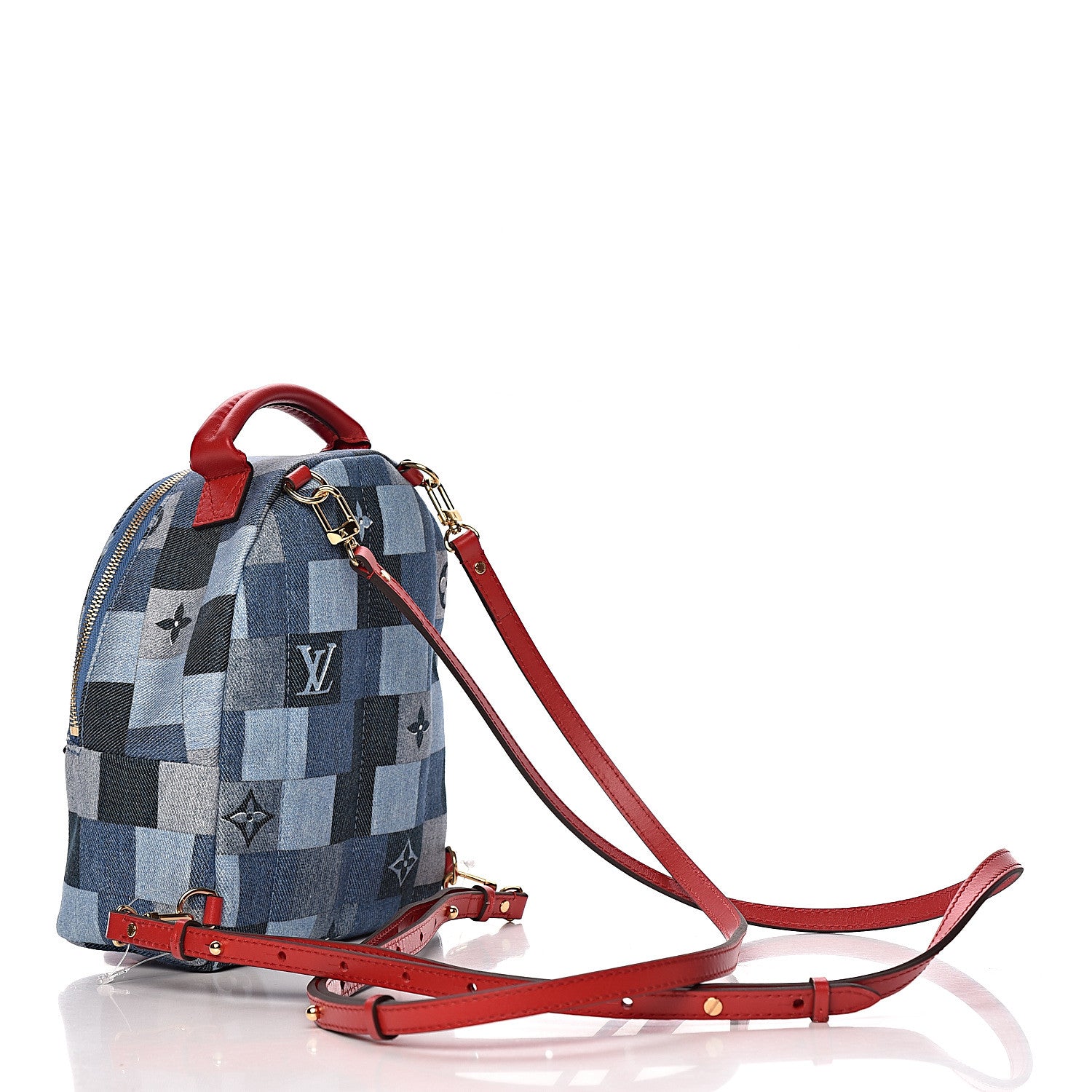 Louis Vuitton Denim Damier Monogram Patchwork Palm Springs Backpack Mini Blue Rouge 3 of 9