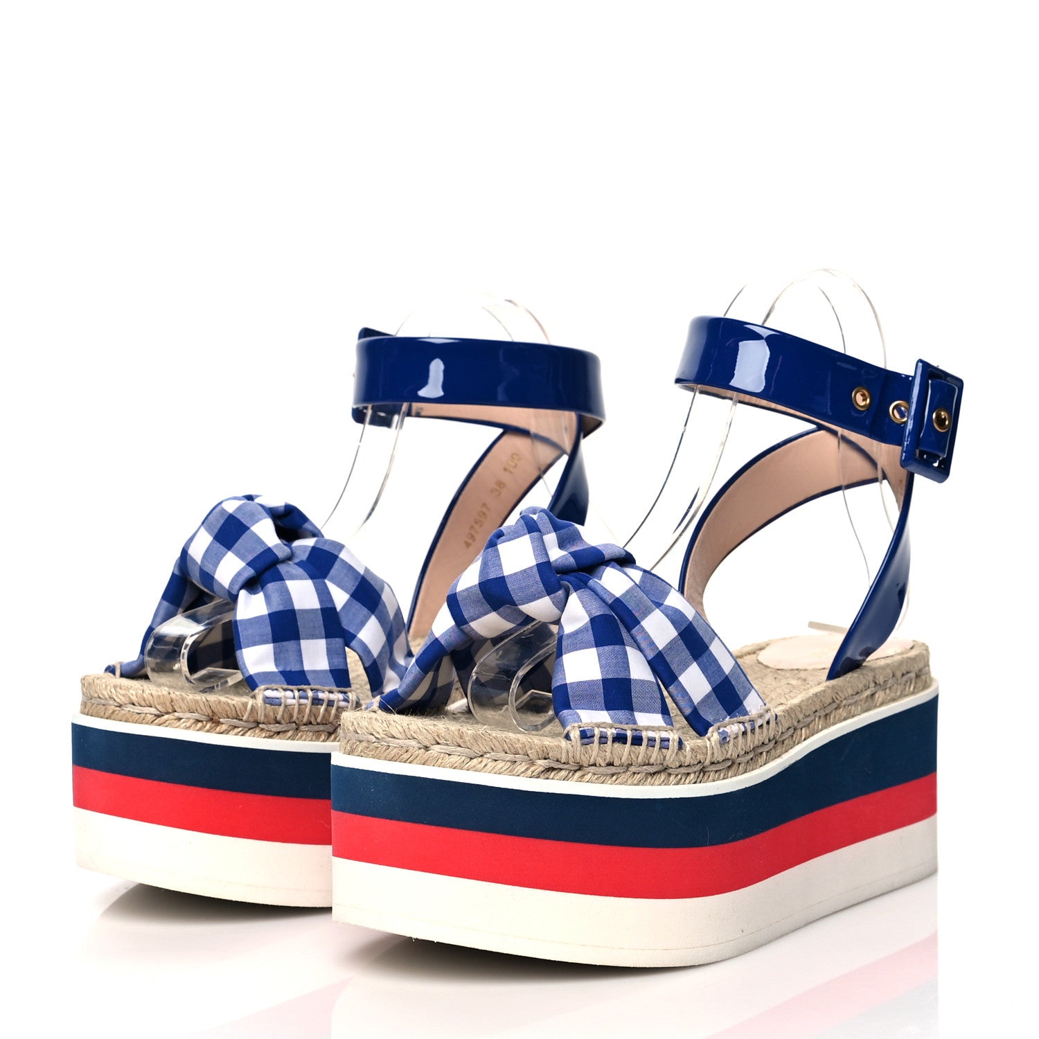 Gucci Patent Cotton Gingham Sefir Espadrille Platform Sandals 38 Blue White 3 of 10