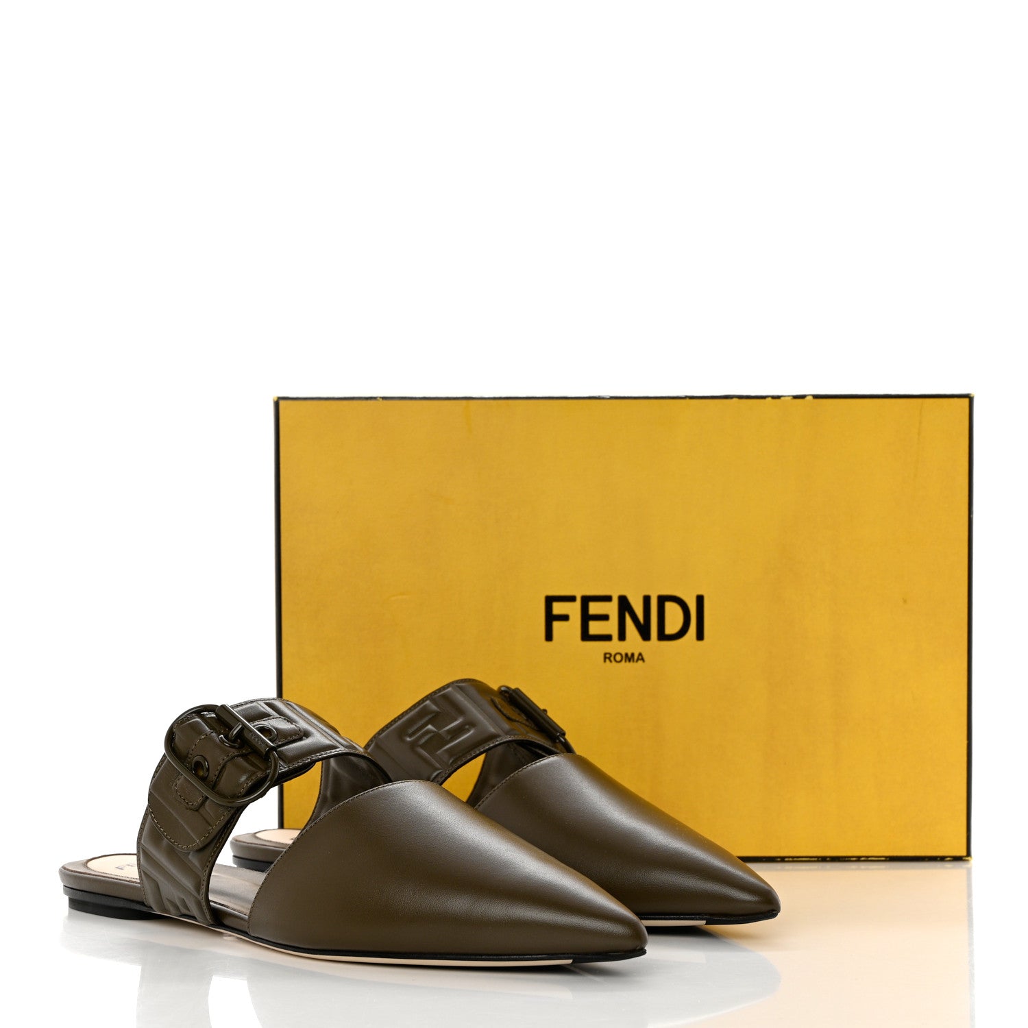 Fendi Vitello FF Embossed Buckle Flat Mules 40.5 Wood 8 of 8