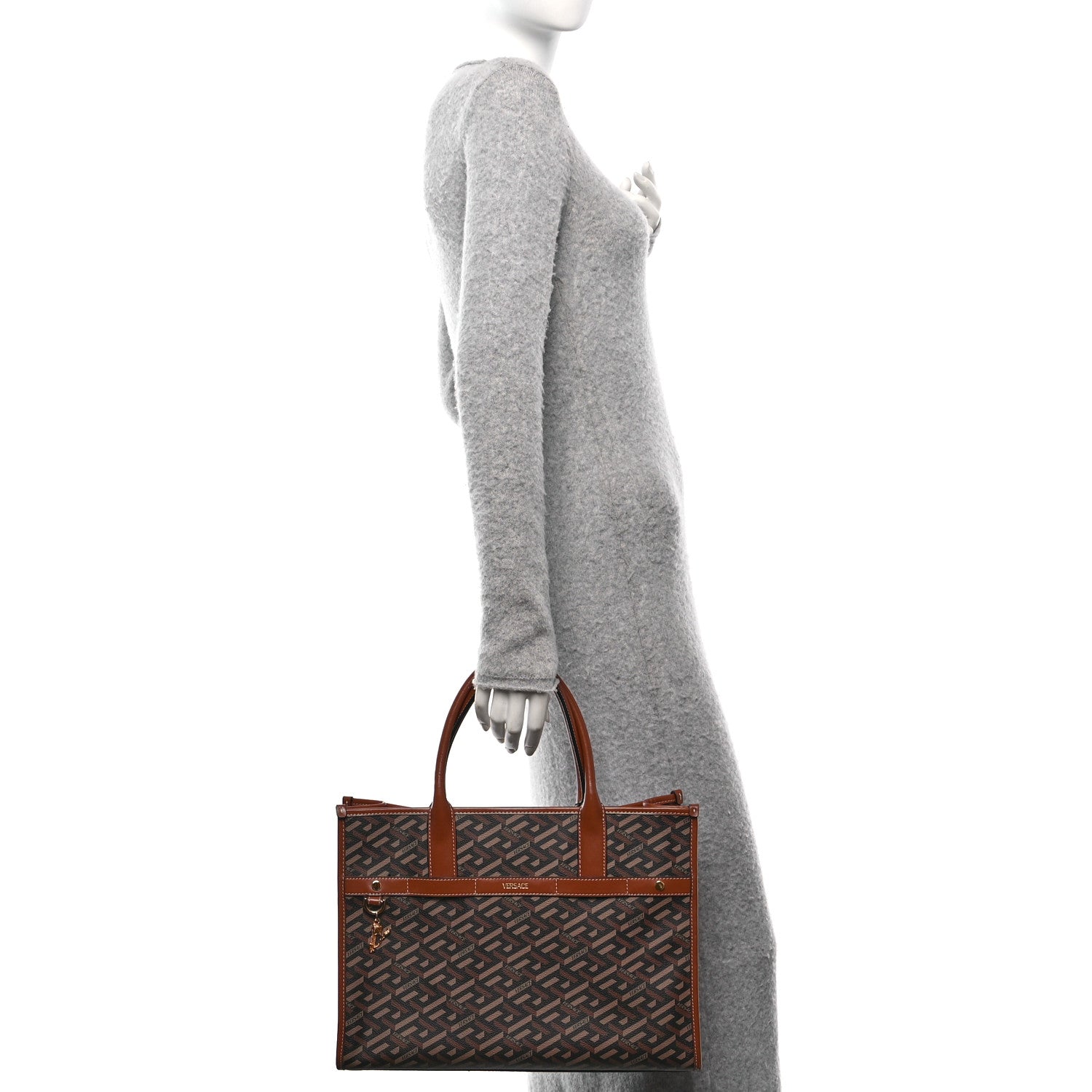 Versace Coated Canvas Calfskin La Greca Signature Tote Bag Black Caramel 2 of 10
