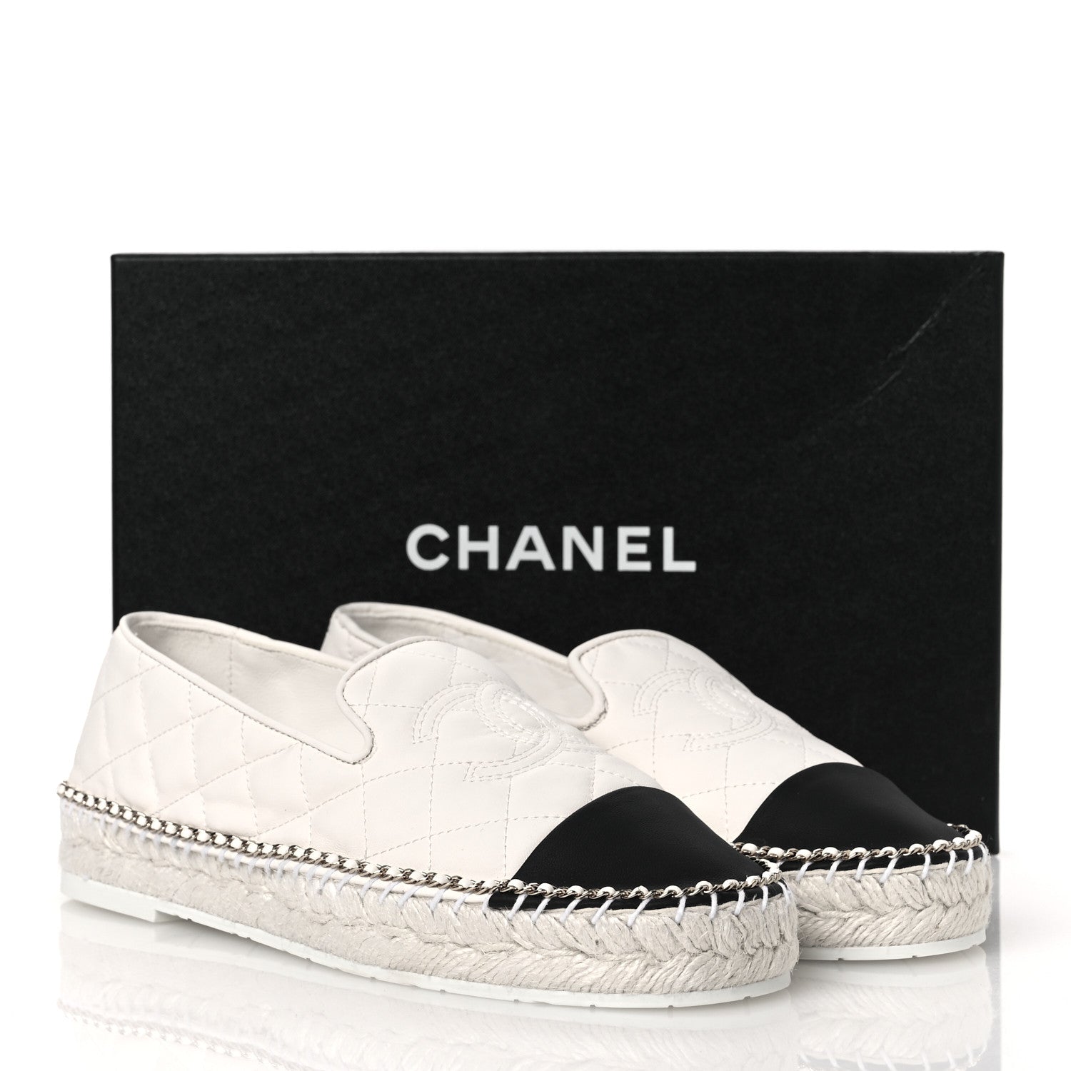 Chanel Shiny Lambskin Quilted Grosgrain Cap Toe CC Chain Espadrilles 39 White Black 11 of 11