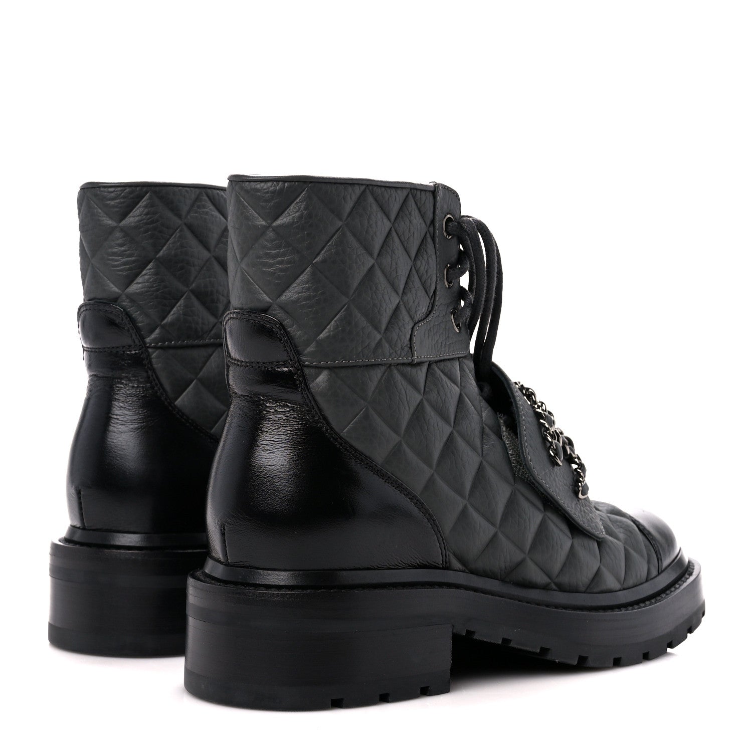 Chanel Calfskin Shiny Calfskin Quilted Lace Up Combat Boots 35 Dark Grey Black 4 of 10