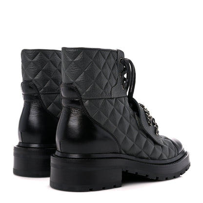 Chanel Calfskin Shiny Calfskin Quilted Lace Up Combat Boots 35 Dark Grey Black 4 of 10