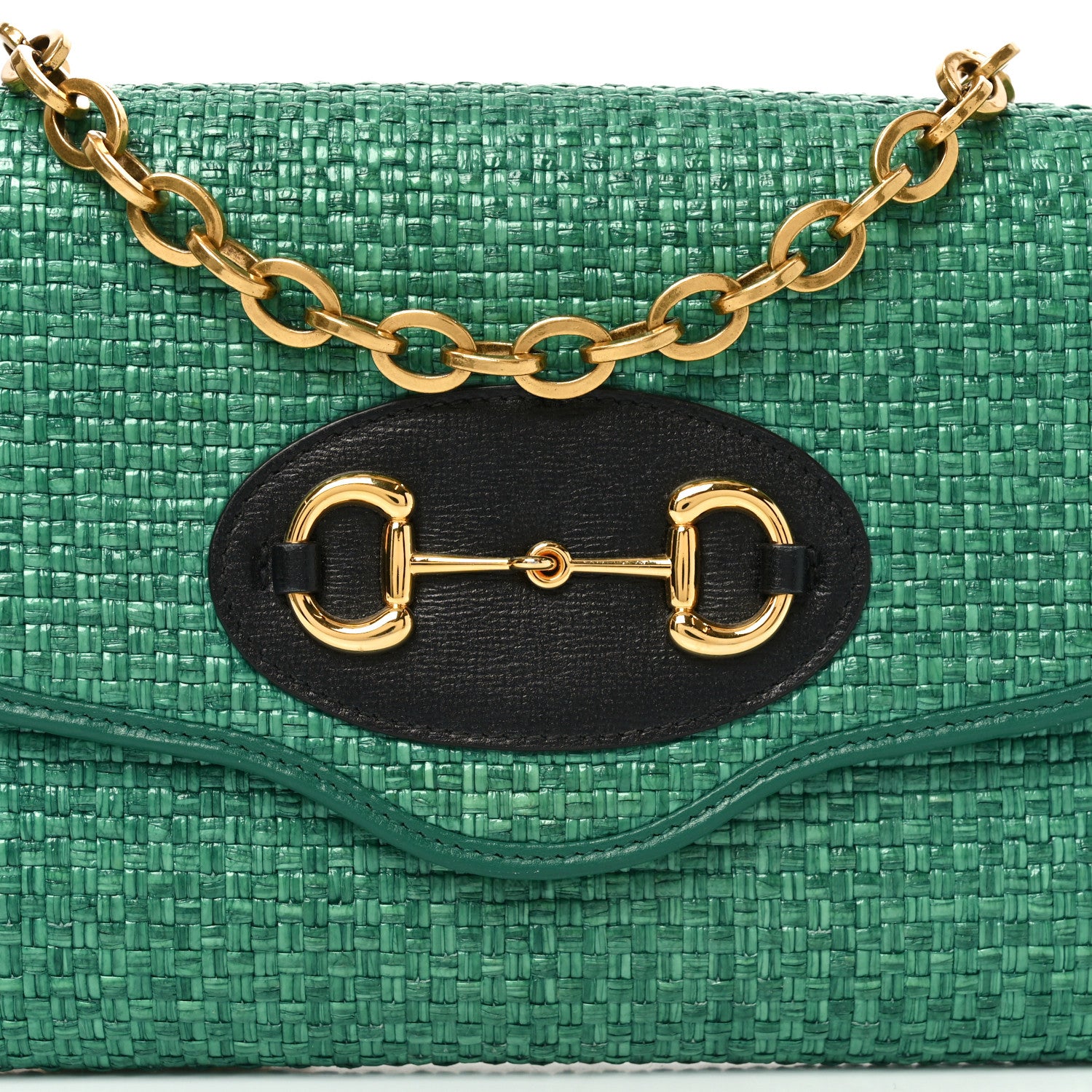 Gucci Straw Azalea Calfskin Mini Horsebit 1955 Chain Shoulder Bag Emerald Black 8 of 11