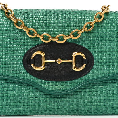 Gucci Straw Azalea Calfskin Mini Horsebit 1955 Chain Shoulder Bag Emerald Black 8 of 11