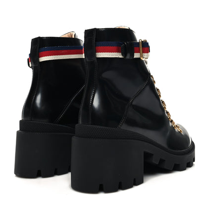 Gucci Calfskin Sylvie Web Lace Up Combat Boots 38 Black 4 of 8