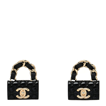 Chanel Metal Resin Lambskin Quilted CC Turnlock Chain Flap Bag Earrings Black Gold 1 of 4