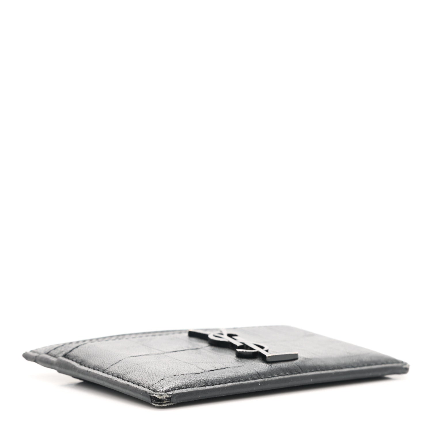 Saint Laurent Calfskin Crocodile Embossed Monogram Credit Card Case Black 4 of 10