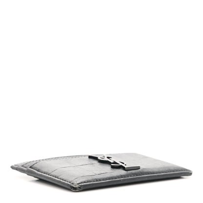 Saint Laurent Calfskin Crocodile Embossed Monogram Credit Card Case Black 4 of 10